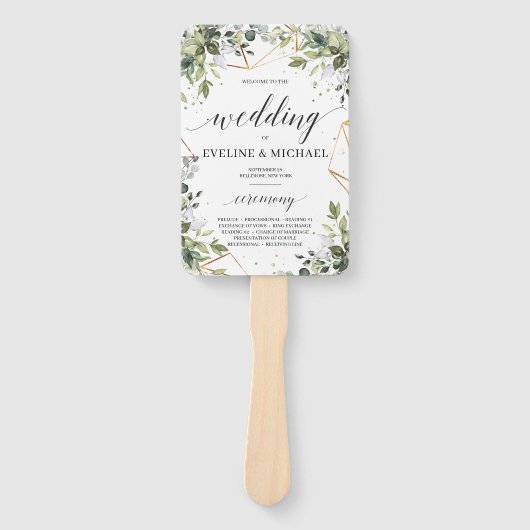 Boho groen folaige gouden lijst bruiloft programma handwaaier (Voorkant)