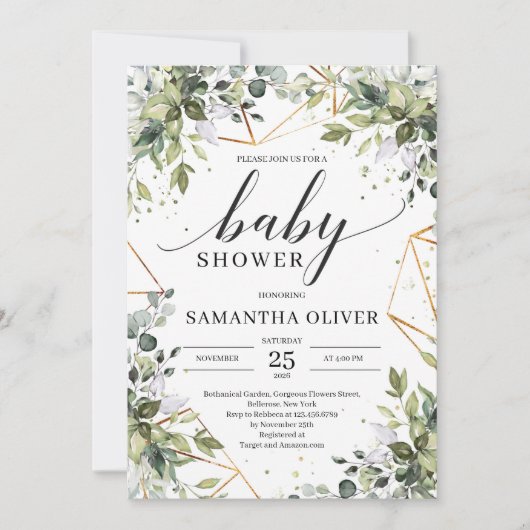 Boho groen gebladerte en goud lijst baby shower kaart (Voorkant)