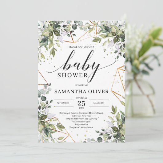 Boho groen gebladerte en goud lijst baby shower kaart (Staand voorkant)
