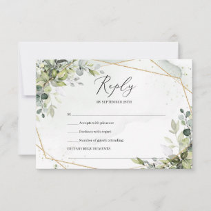Boho groen gebladerte en goud lijst veer rsvp kaartje