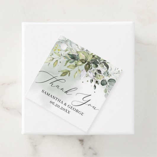 Boho groen gebladerte eucalyptus bladeren bruiloft bedankjes labels (In situ)