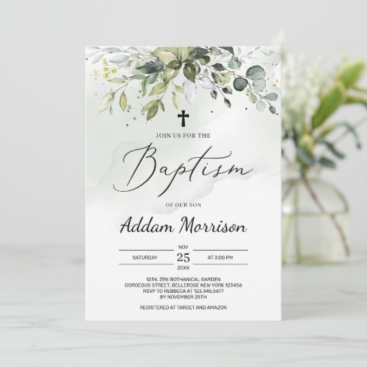 Boho groen gebladerte eucalyptus bladeren doop kaart (Staand voorkant)