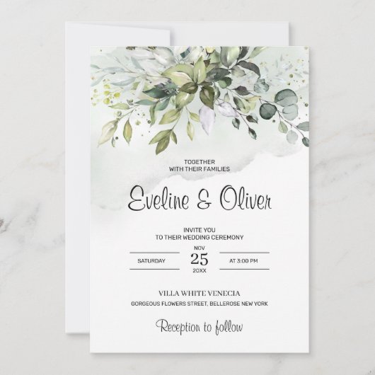 Boho groen gebladerte eucalyptus pastel bruiloft kaart (Voorkant)