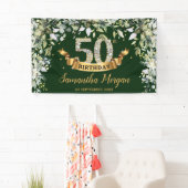 Boho groen gebladerte goud 50e verjaardagsfeestje spandoek (Insitu)