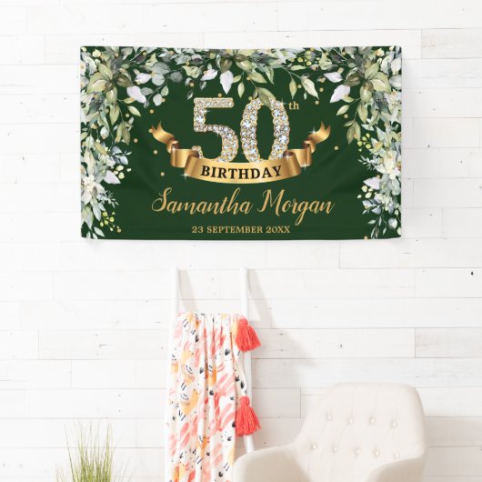 Boho groen gebladerte goud 50e verjaardagsfeestje spandoek (Insitu)