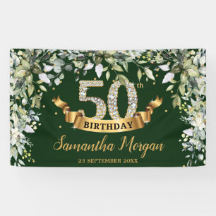 Boho groen gebladerte goud 50e verjaardagsfeestje spandoek