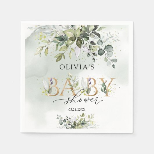 Boho groen gebladerte gouden letters baby shower servet (Voorkant)