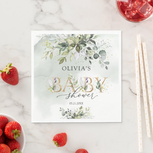 Boho groen gebladerte gouden letters baby shower servet (Insitu)