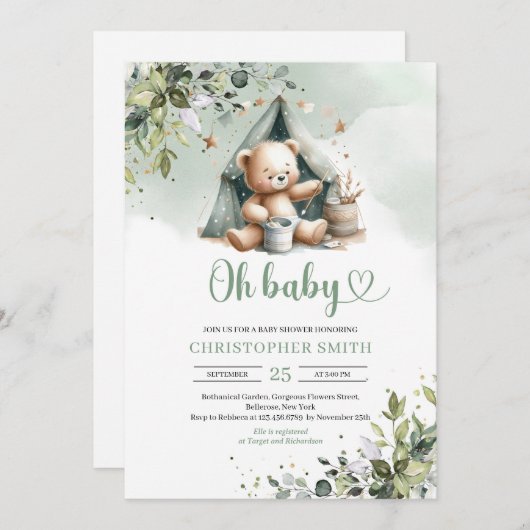 Boho groen genderneutraal teddybeer in tent kaart (Voorkant / Achterkant)