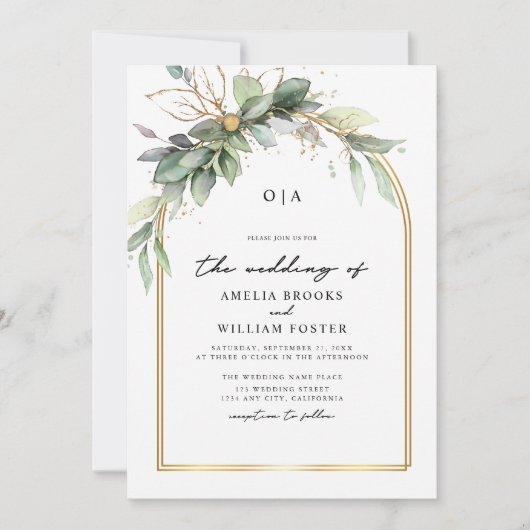 Boho Groen & Goud Eucalyptus Monogram Trouwen Kaart (Voorkant)