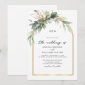 Boho Groen & Goud Eucalyptus Monogram Trouwen Kaart (Voorkant / Achterkant)