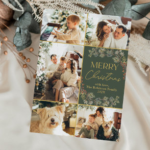 Boho Groen Goud Script Familie Foto Kerst Kaart