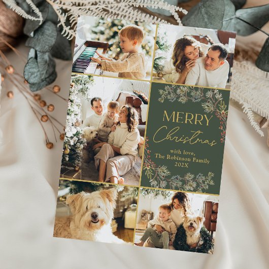 Boho Groen Goud Script Familie Foto Kerst Kaart