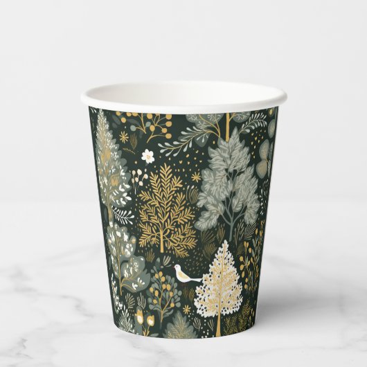 Boho  Groen Goud Witte Vogel Boom Papier Beker (Achterkant)