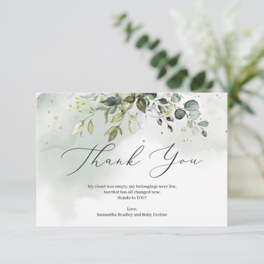 Boho groen loof eucalyptus Baby shower Bedankkaart (Staand voorkant)