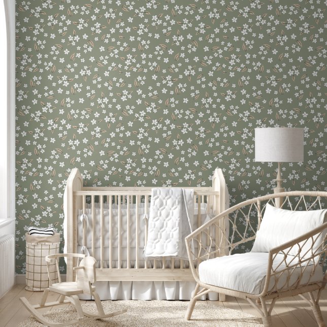 Boho groen met witte bloemloze naadloze behang (Kinderen)