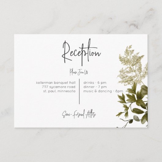 Boho groen moderne bloemreceptie bruiloft informatiekaartje (Voorkant)