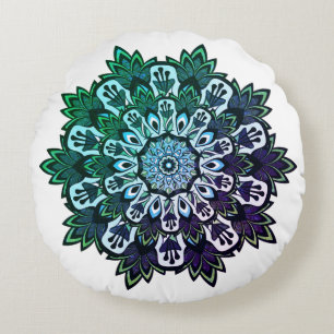 Boho groen Paarse tropische blad mandala Rond Kussen