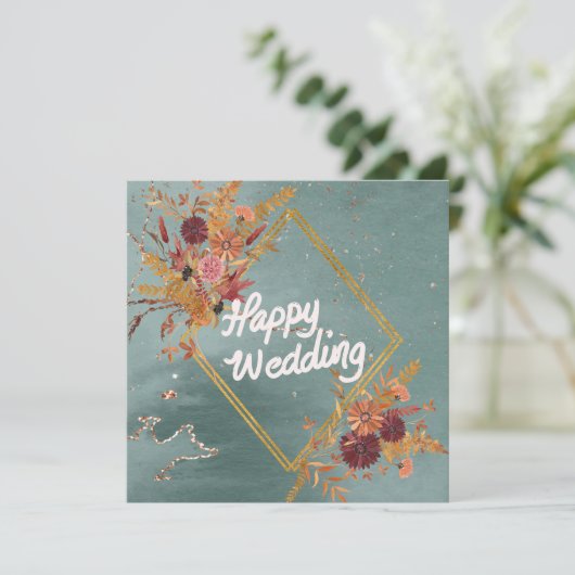 Boho Groen Rood Bloemen Patroon Gelukkig Huwelijk Kaart (Staand voorkant)