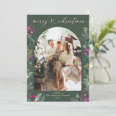 Boho groen roze gebladerte foto kerst Kaart (Staand voorkant)