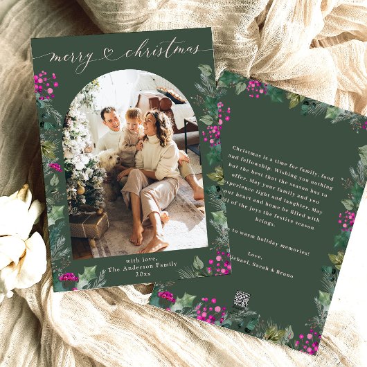 Boho groen roze gebladerte foto kerst Kaart