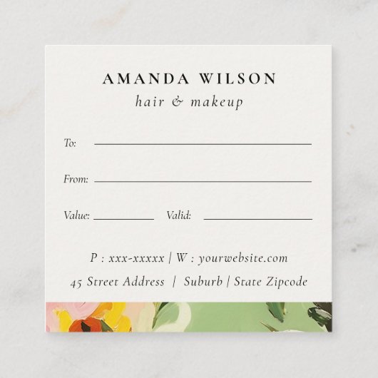 Boho Groen Roze Geschilderde Bloemen Cadeaubon Vierkante Visitekaartje (Achterkant)