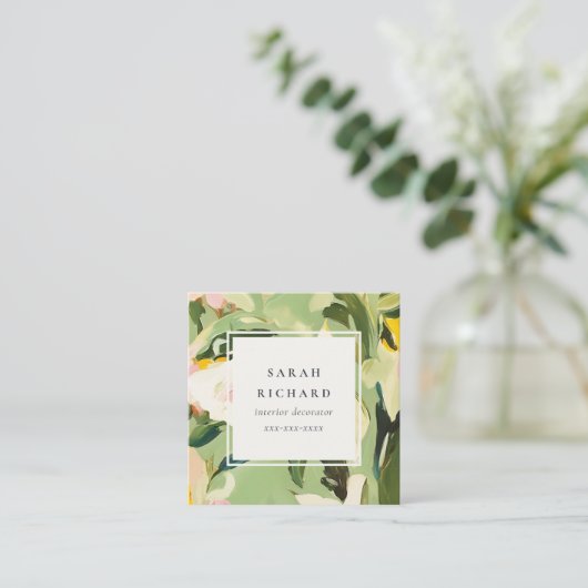 Boho Groen Roze Geschilderde Bloemen Review Verzoe Vierkante Visitekaartje (Staand voorkant)