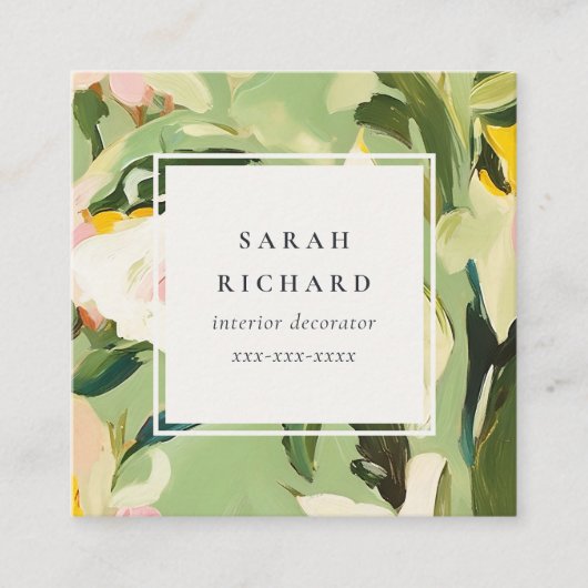 Boho Groen Roze Geschilderde Bloemen Review Verzoe Vierkante Visitekaartje (Voorkant)