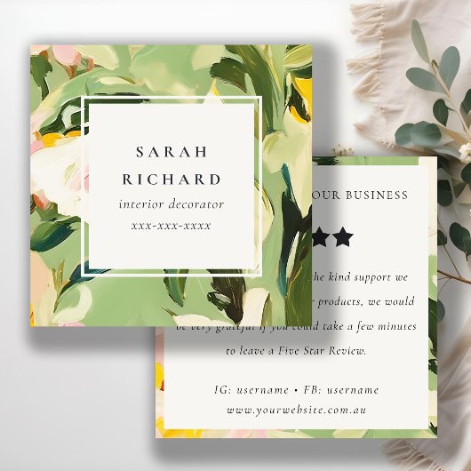 Boho Groen Roze Geschilderde Bloemen Review Verzoe Vierkante Visitekaartje