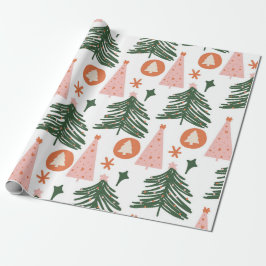 Boho Groen Roze Oranje Kerstbomen Cadeaupapier