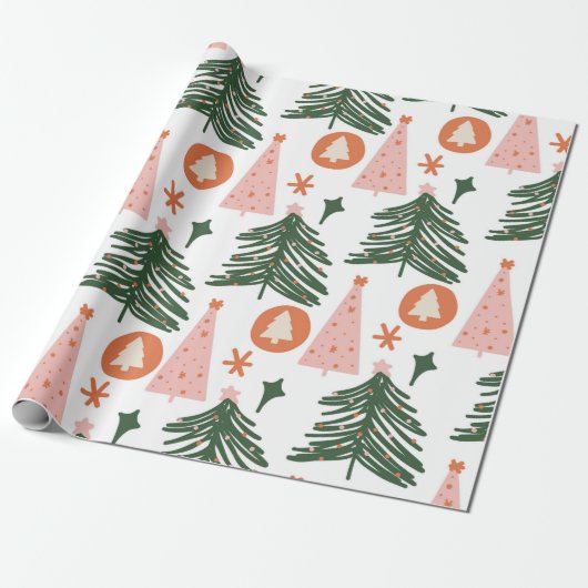 Boho Groen Roze Oranje Kerstbomen Cadeaupapier (Uitgerold)