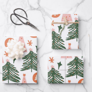 Boho Groen Roze Oranje Kerstbomen Inpakpapier Vel