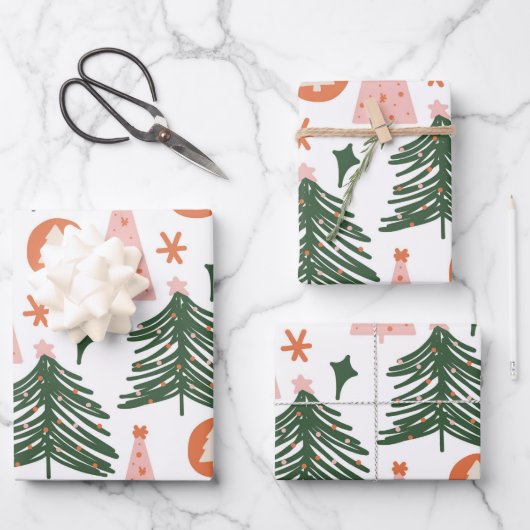 Boho Groen Roze Oranje Kerstbomen Inpakpapier Vel (Voorkant)