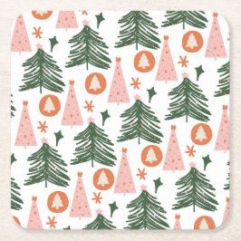 Boho Groen Roze Oranje Kerstbomen  Kartonnen Onderzetters