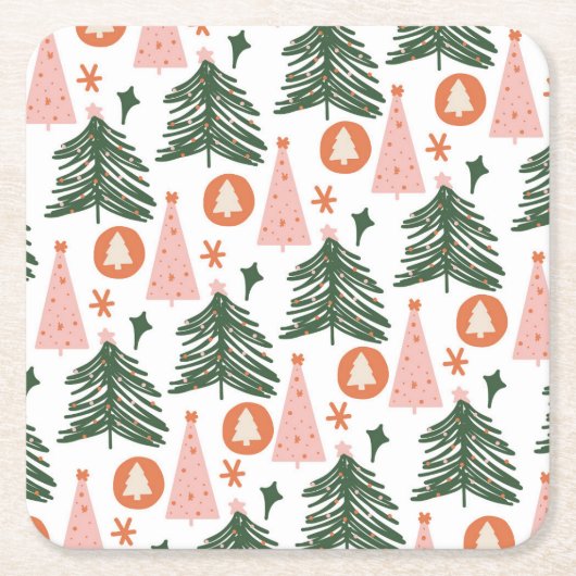 Boho Groen Roze Oranje Kerstbomen Kartonnen Onderzetters (Voorkant)