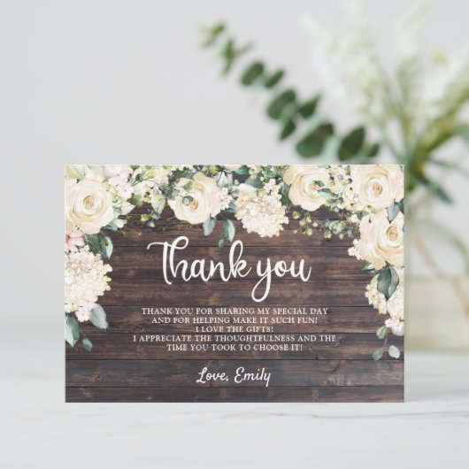 Boho groen rustiek hout witte bloemrozen bedankkaart (Staand voorkant)