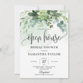 Boho groen sappig gebladerte open huis bruids kaart (Voorkant)