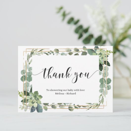 Boho groen sappige bladeren goud baby shower informatiekaartje (Staand voorkant)