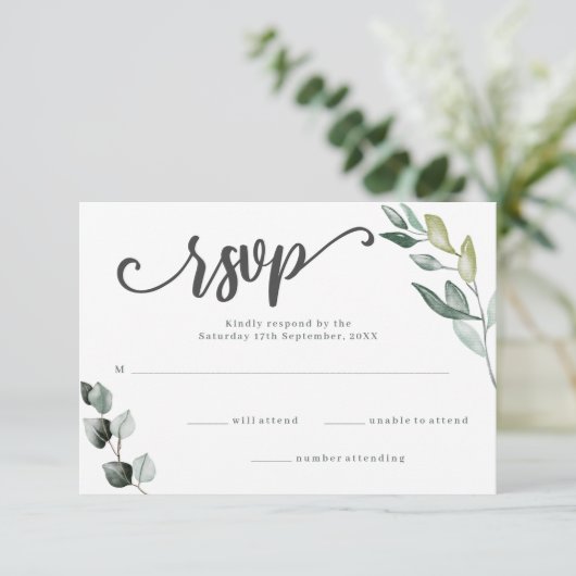 Boho groen Waterverf eucalyptus bruiloft RSVP Kaartje (Staand voorkant)