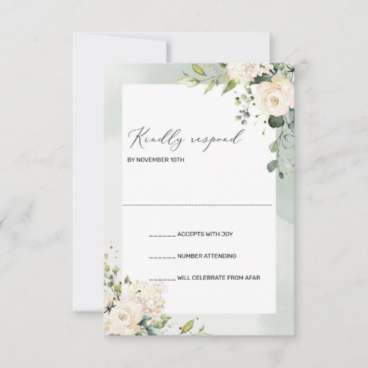 Boho groen witte rozen hortensia's bruiloft RSVP Kaartje (Voorkant)