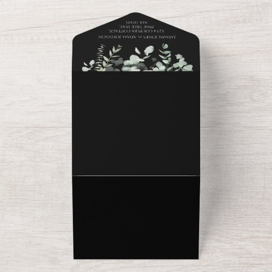 Boho groen zwart eucalyptus bruiloft all in one uitnodiging (Buitenkant)