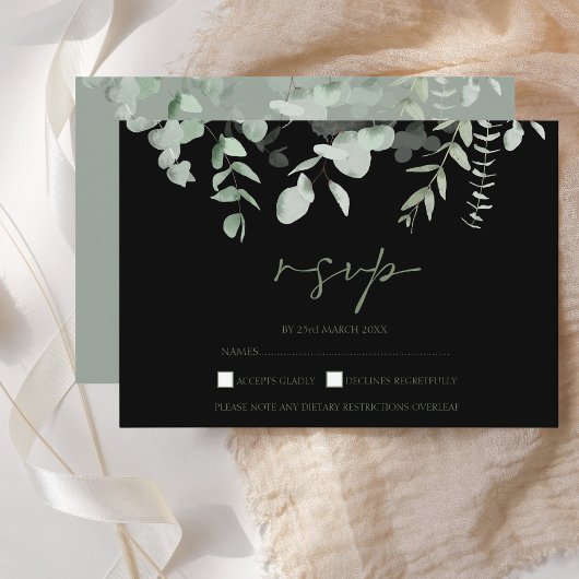 Boho groen zwart eucalyptus bruiloft RSVP