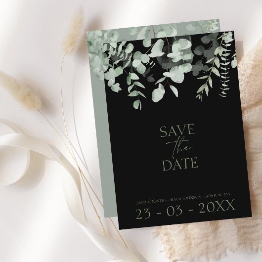 Boho groen zwart eucalyptus bruiloft save the date