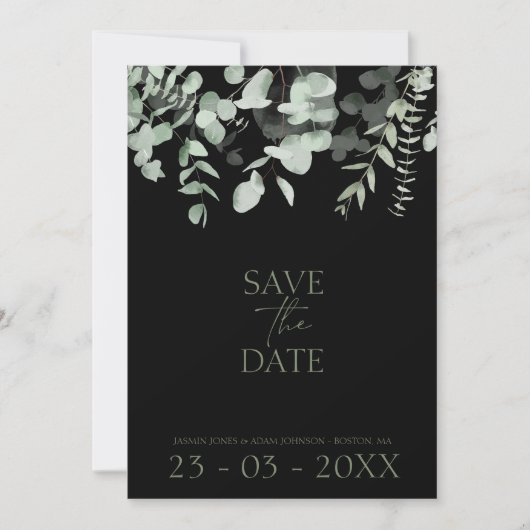 Boho groen zwart eucalyptus bruiloft save the date (Voorkant)