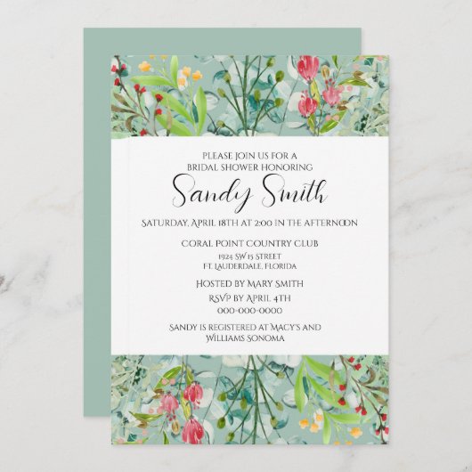 Boho groene bladeren en wilde bloemen bruidsfeest kaart (Voorkant / Achterkant)