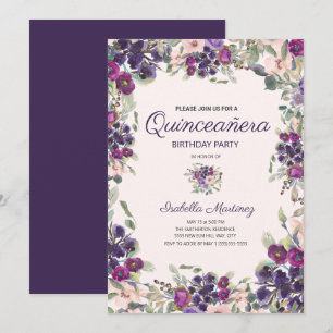 Boho Groene Bladeren Paarse Roze Bloemige Quinceañ Kaart