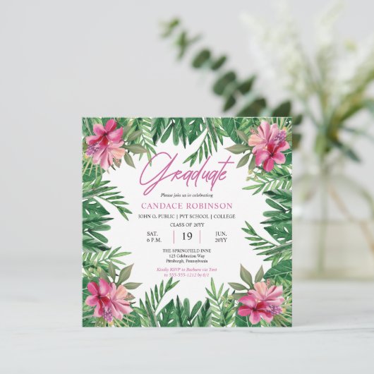 Boho Groene Bladeren | Roze Hibiscus Afsluitfeest Kaart (Staand voorkant)