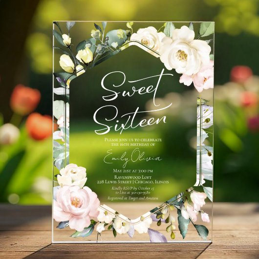 Boho Groene Bloem Kader Sweet 16 Acryl Uitnodigingen