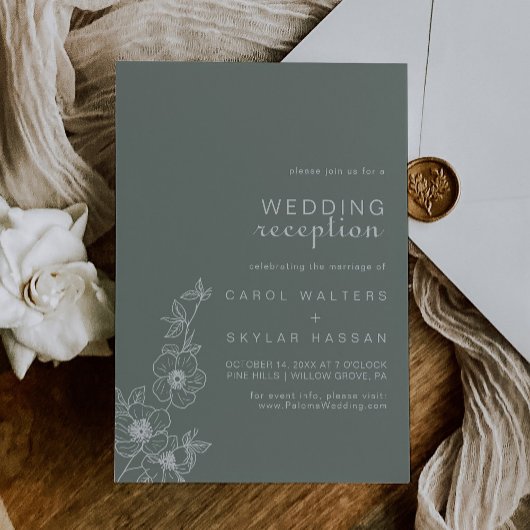 Boho groene bloemendestination trouwreceptie kaart