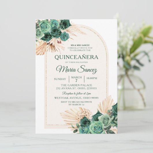 Boho groene bloemrijke Mexicaanse Quinceañera uitn Kaart (Staand voorkant)